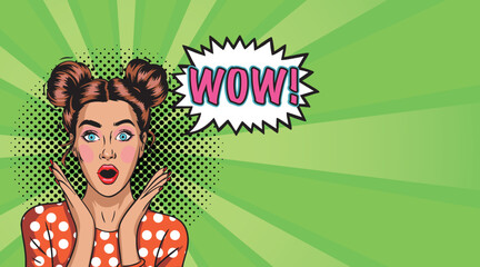 A young frightened woman in a WOW pop art style. Vector illustration in pop art style.