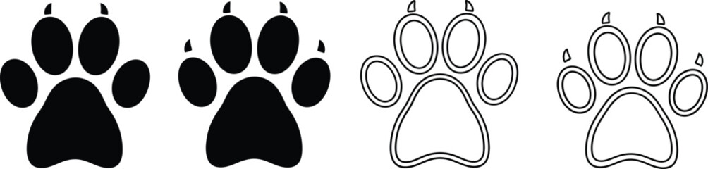 Simple black paw print, animal track, pet foot, wildlife, feline, canine, mammal silhouette vector illustration for design element and backgrounds.
