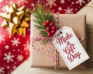 A beautifully wrapped gift with a tag that says make a gift day sits pretty