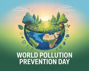 World pollution prevention day illustration with a halved earth and greenery