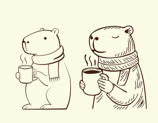A simple line drawing of a capybara holding a mug, showcasing its relaxed expression and gentle posture. The sketch emphasizes clean lines and minimal details for a charming, minimalistic style