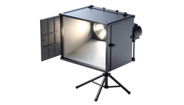 Professional studio lighting equipment setup featuring softbox, barn doors, and reflector on tripod.