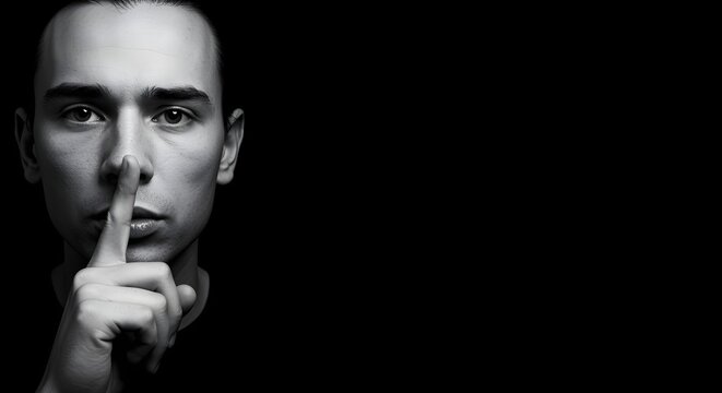 Serious man with finger on lips in dark dramatic portrait signaling silence and secrecy, strong expression and copy space for message overlay