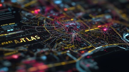 Futuristic Atlas interface with glowing Neon Map, high-tech Infographic, and cybernetic Data Grid—perfect for AI dashboards or sci-fi posters.