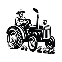 Silhouette farmer is riding old tractor, with the smoke coming from the exhaust pipe