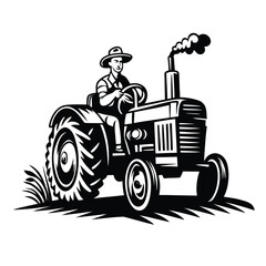 Farmer wearing hat drives vintage tractor with smoke billowing from exhaust in monochrome