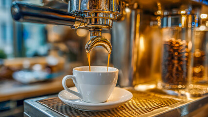 Steaming espresso pours into a white cup at a cozy cafe during a vibrant morning filled with warm light and rich coffee aromas