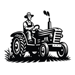 Vectorized Caucasian farmer skillfully drives his vintage tractor through fields of thriving, verdant grass