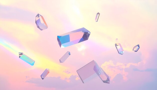 Floating, translucent geometric crystals with light refract against a pastel sky