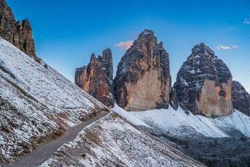 The beautiful snow-capped Dolomite Mountains around Tre Cime and Cadini di Misurina - captured at...