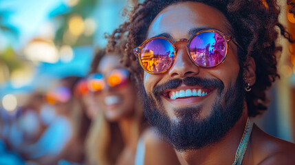 Joyful Multiethnic Friends Enjoying Outdoor Summer Meal with Bright Smiles and Casual Vibe, Celebrating Friendship and Togetherness in a Sunny Setting with Reflective Sunglasses