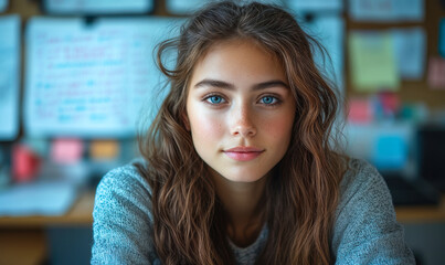 Young woman with wavy hair and blue eyes looking at camera in cozy indoor workspace with blurred notes and whiteboard background focused on study and creativity