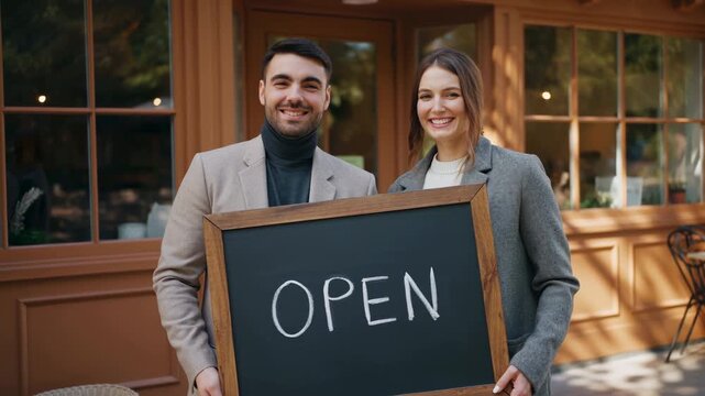 Small business owners holding an open sign