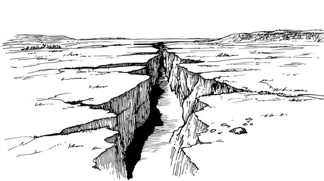 Dramatic illustration of a deep crevice or fissure in a desolate landscape