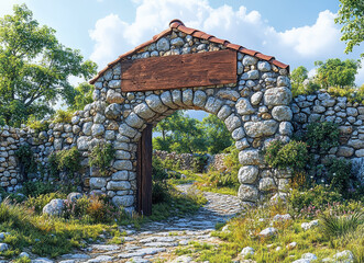 Rustic Stone Archway with Wooden Sign in Lush Countryside Pathway under Blue Sky with Clouds and Trees