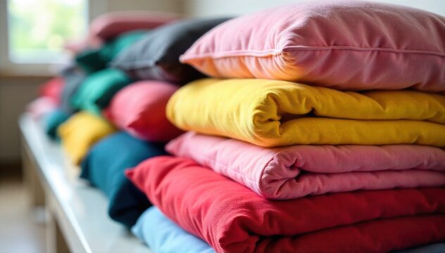 A stack of neatly folded, colorful blankets and small pillows in a cozy daycare nap corner. A neat stack of colorful, soft blankets and small, plush pillows arranged invitingly in a cozy, quiet nap