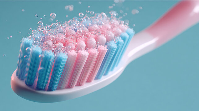 Close-up of a toothbrush with bubbles, symbolizing oral hygiene and freshness
