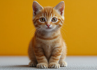Charming Ginger Kitten with Striking Orange Fur Sitting on Soft Surface Against Warm Yellow Background