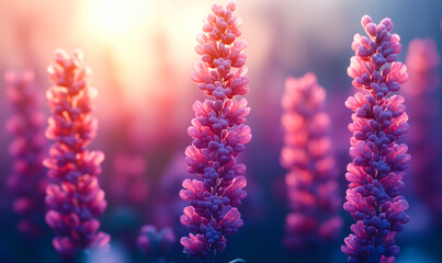 Close up of purple lupine flowers blooming in soft warm light with diffuse background creating dreamy floral nature scene