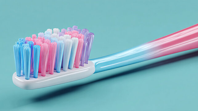 A close-up shot of a colorful toothbrush. The brush has vibrant bristles
