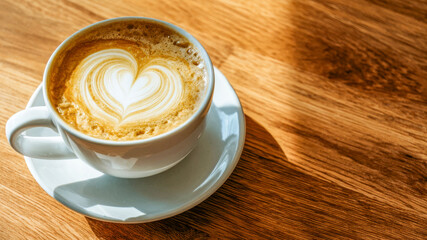 Rich coffee cup rests on a wooden table, showcasing a beautiful heart-shaped froth design, creating a warm and inviting atmosphere for coffee lovers at any time of day