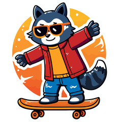 Retro 90s Skateboarding Raccoon Sticker with Sunglasses | Colorful Graffiti Style Raccoon on Skateboard | Bold Thick Outline 90s Cartoon Raccoon Design | Dynamic Skater Raccoon with Bright Punchy 