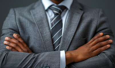 Confident Businessman in Gray Suit with Arms Crossed, Isolated on White Background - Professional Corporate Leadership and Success Concept