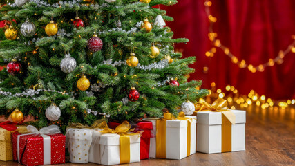 Festive Christmas tree adorned with colorful ornaments and a pile of beautifully wrapped gifts set against a cozy, twinkling background in a warm living room