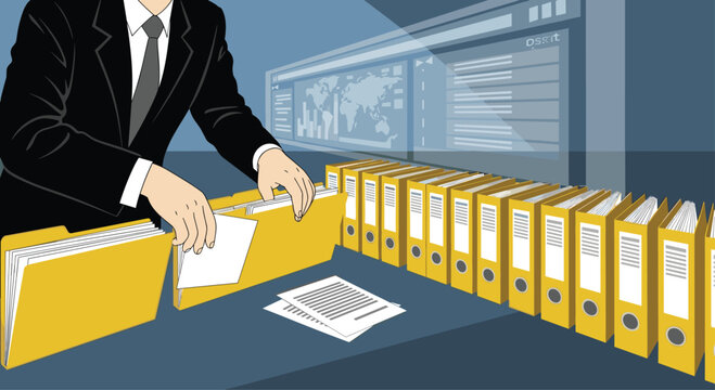 Organized professional filing documents into bright yellow binders in modern office setting with data dashboard - Powered by Adobe