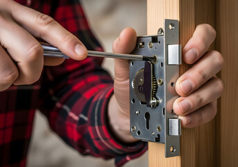 Hands installing a door lock with a screwdriver, showcasing carpentry skills and the process of securing a door in a residential setting