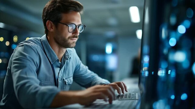 A server hub manager oversees an engineer typing AI algorithms to cluster unstructured data screens showing natural language processing outputs server racks glowing blue AI data