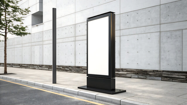 billboard in the city, blank billboard on the street, blank billboard sign, Empty black pylon with blank white screen on grey background. Isolated street signage mockup. Vertical display for advertise