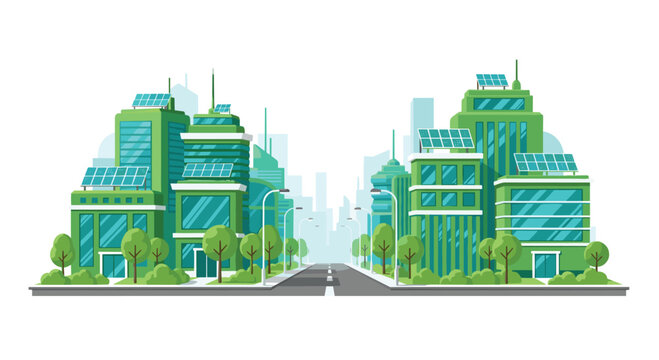 Vibrant green cityscape showcasing modern eco friendly buildings with solar panels and lush trees, symbolizing sustainability and urban growth