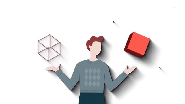 Young man holding red cube representing innovation and modern technology in creative 2D animation