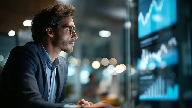 An IT company manager uses AI for performance forecasting screens showing strategic planning data a modern office with glass walls AI performance forecasting strategic planning