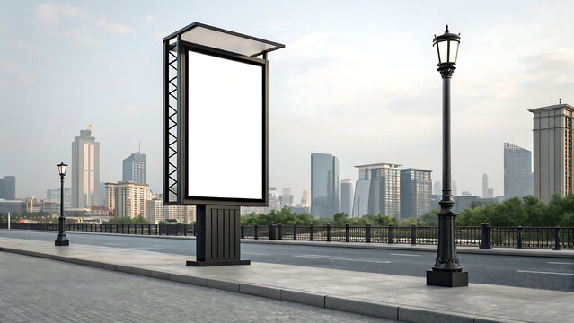 billboard in the city, blank billboard on the street, blank billboard sign, Empty black pylon with blank white screen on grey background. Isolated street signage mockup. Vertical display for advertise