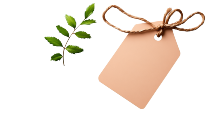 Tag with Twine and Leaf on Transparent Background