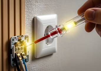 Closeup of a person testing an electrical outlet with a voltage tester, indicating electrical work and safety precautions