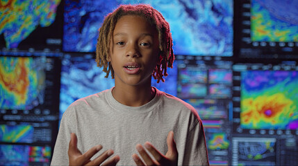 Teen presenting global warming data in front of climate maps