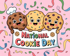 Three happy cookies celebrate national cookie day on a pink background