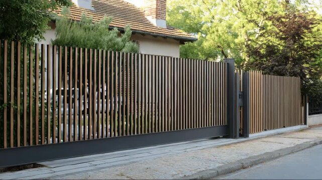 Modern wooden fence surrounding residential property with greenery  