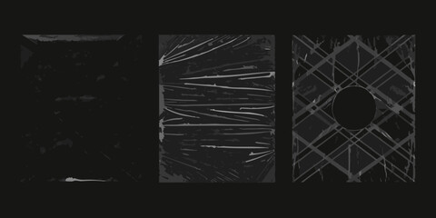 Three panels of abstract dark textured backgrounds with varying patterns and a central circle cutout