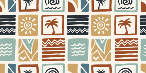 Bohemian retro tropical pattern with sun palm trees waves and abstract shapes