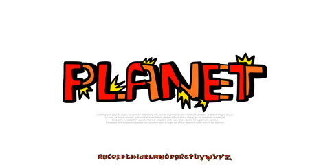 Planet Font, Playful comic Handdrawn alphabet, vibrant letters, colorful cartoon style font for childish branding, lively headline, energetic kid logo, entertainment typography. Vector typeset