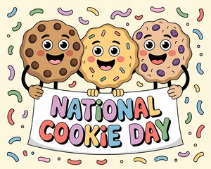 Three happy cookies celebrate national cookie day on a beige background