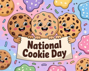 Three happy cookies celebrate national cookie day on a colorful background