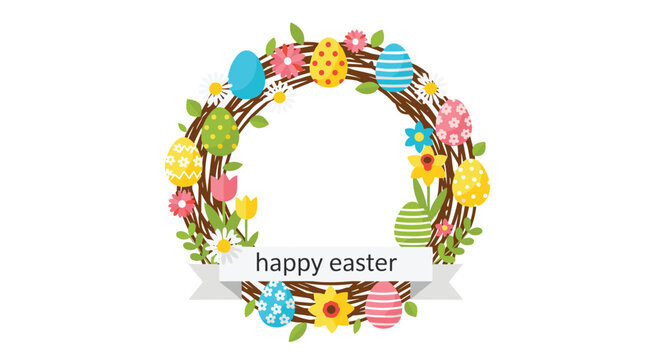 Vibrant Easter wreath bursting with colorful decorated eggs, cheerful flowers, and happy easter greeting banner