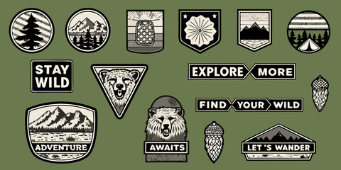 Collection of outdoor adventure patches featuring bears mountains trees and inspirational quotes