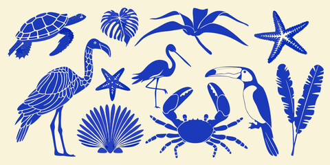 Collection of blue tropical wildlife and botanical silhouettes on a cream background