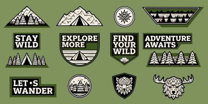 Collection of vintage outdoor adventure patches with inspirational slogans and nature illustrations